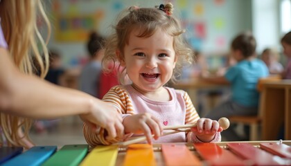 Happy child with Down syndrome plays colorful xylophone during music therapy lesson. Little girl smiles, enjoys musical activity, learning, interacting in kindergarten with teacher. Inclusive