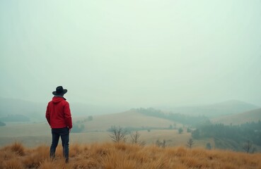 Man in black hat and red jacket stands on hill, admiring view. Hiker enjoys time of calm, tranquility. Landscape featuring fields, mountains, creating feeling of freedom, journey and success.