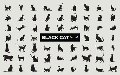 A collection of various black cat silhouettes in different poses and actions, arranged neatly on a light background. The center features the text ‘BLACK CAT’ with glowing yellow eyes, adding a mysteri