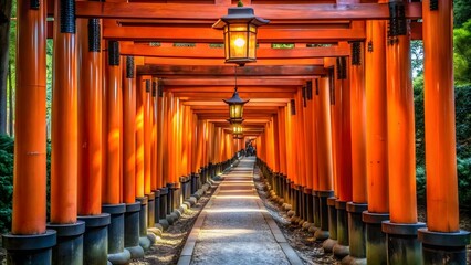 A long path lined with vibrant red torii gates leads into a forest, with lanterns hanging overhead