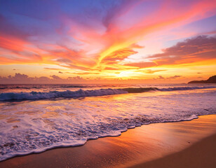 Fototapeta premium Vibrant canvas painted with strokes of sunset depicts tranquil ocean, where waves gently kiss sandy shore, creating serene atmosphere