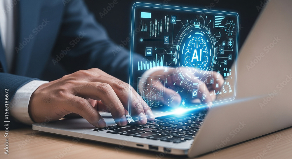 Poster man typing on laptop with ai interface overlay showing data and brain symbol on the computer screen