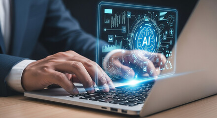 Man typing on laptop with ai interface overlay showing data and brain symbol on the computer screen