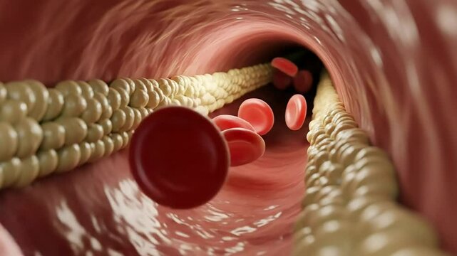 Inside a constricted artery, red blood cells navigate past significant cholesterol deposits.