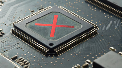 Image showcases close up view of microchip featuring distinctive red cross design. This chip symbolizes ongoing discussions about impact of AI