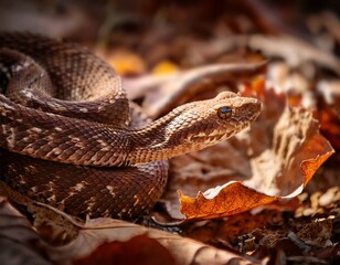 Fototapeta premium puff adder blending into forest debris focused image showing thick body and textured scales under ambient light