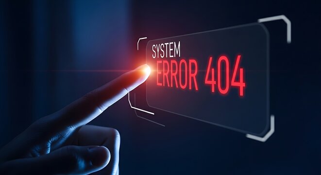 System error and 404 failure concept. A red holographic "SYSTEM ERROR" message blocks a user from interacting with a screen, symbolizing a technical problem or glitch.