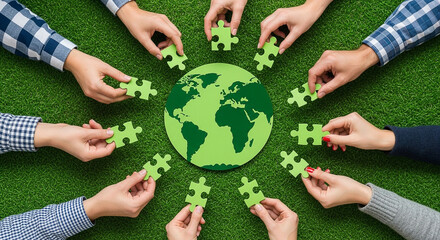 Hands arranging puzzle pieces around a green earth globe on a grass background top down view in studio