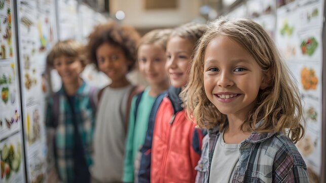 Group of diverse children at museum exhibit learning science and art on school field trip together today - Powered by Adobe