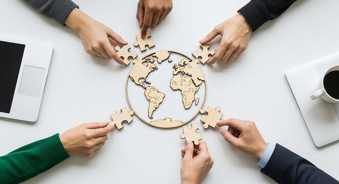 Hands assembling a world map puzzle on a white table with a laptop and a cup of coffee nearby
