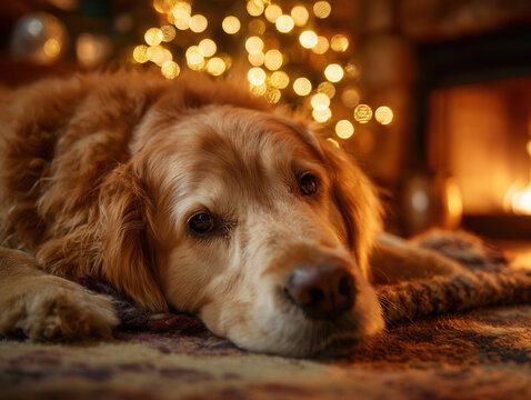 A golden retriever lies on a cozy rug in front of a fireplace. Soft lights from a Christmas tree create a warm atmosphere.