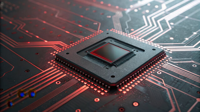 Advanced ai chip showcases intricate circuitry and vibrant red lighting, highlighting impact of technology modern devices and ongoing ban certain