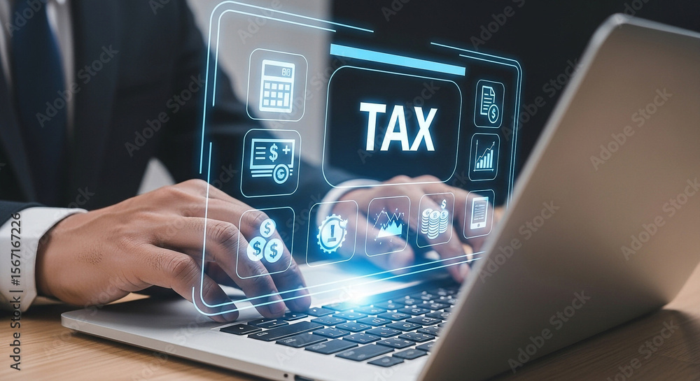 Poster man typing on a laptop with tax related icons displayed on the screen in a digital interface
