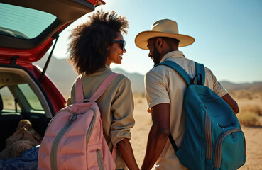 Happy black couple preparing for road trip. African American man woman with backpacks holding hands. Summer travel adventure vacation, outdoor lifestyle at desert location.