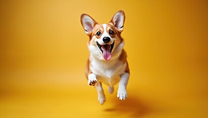 Joyful corgi dog leaping through air with wide-open mouth. Generated AI image, happy expression, playful energy. Corgi breed pet dog on yellow background. Cute, fluffy dog in motion, smiling.