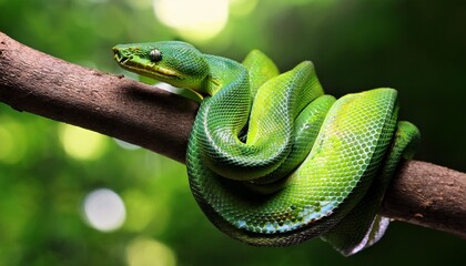 Fototapeta premium close up of emerald tree boa wrapped around vine with high detail on scales and glowing forest background