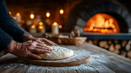 Overhead image of hand-tossed pizza dough on a floured wooden board, blurred wood-fired pizza oven in background, warm golden light