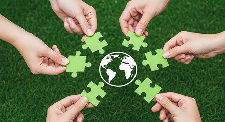Hands connecting puzzle pieces around world globe on green grass background symbolizing collaboration
