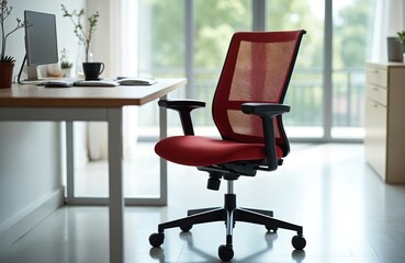 Modern ergonomic office chair in bright office interior near window. Comfortable red mesh back. Contemporary desk in minimalist style workspace. Furniture for work.