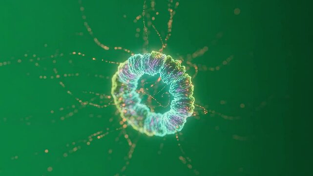 Mesmerizing toroidal form illuminates with vibrant energy amidst a deep green backdrop.