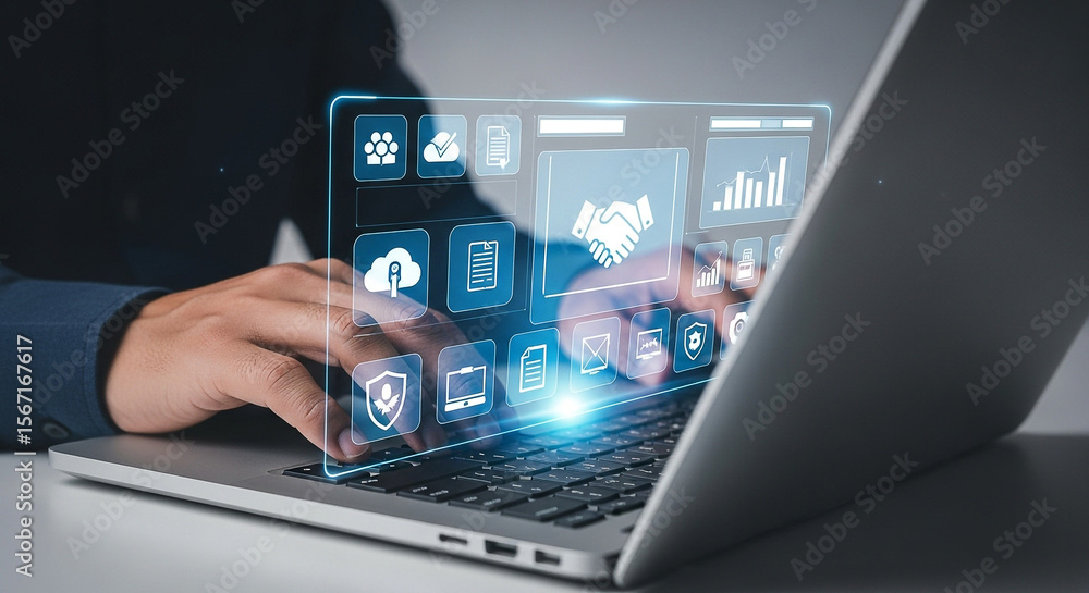 Poster person using laptop with digital interface displaying cloud and security icons in a modern setting