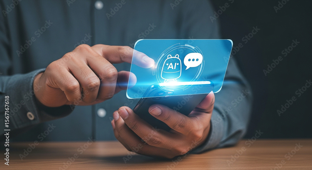 Poster person using ai chatbot on smartphone with digital interface and progress bar displayed above it