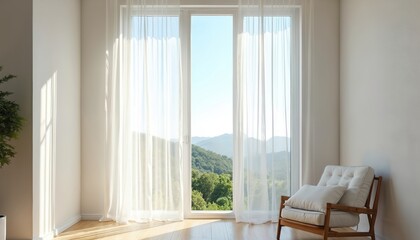 Fototapeta premium Bright interior with white sheer curtains. Natural light floods room, illuminating armchair near window overlooking mountains, creating cozy atmosphere. Contemporary home design.
