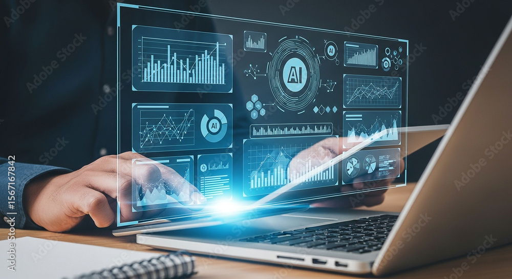 Poster ai data analysis on laptop with charts and graphs for business intelligence and machine learning ins
