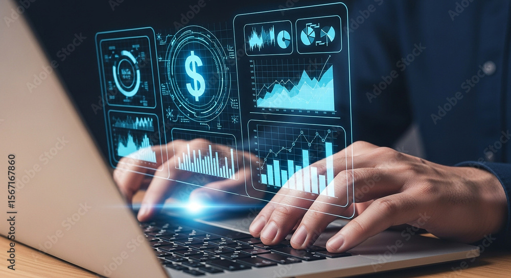 Poster financial data analysis on laptop with charts and graphs for investment and business intelligence re