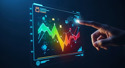 Poor performance and business failure concept. Hand pointing to a holographic line graph in steep decline, with the color changing from green to red.