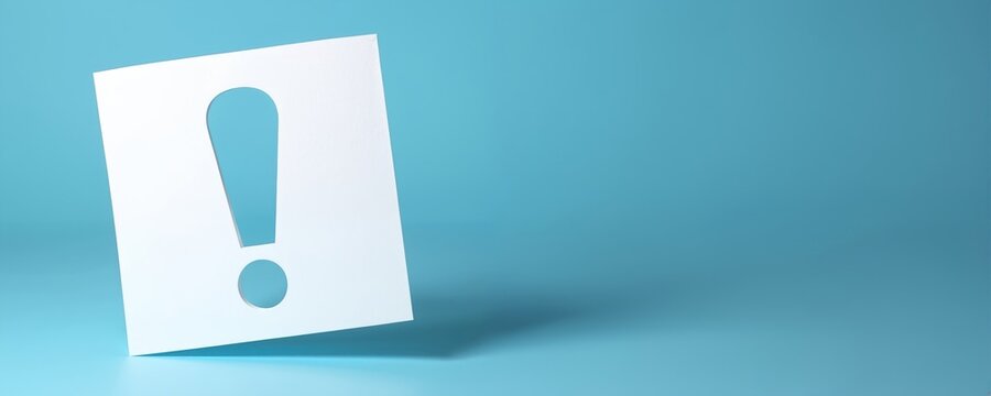 White paper exclamation mark on blue panoramic background. Warning alert concept. Minimalist design. Symbol attention. Sign, icon, information, caution, alert, problem, important.