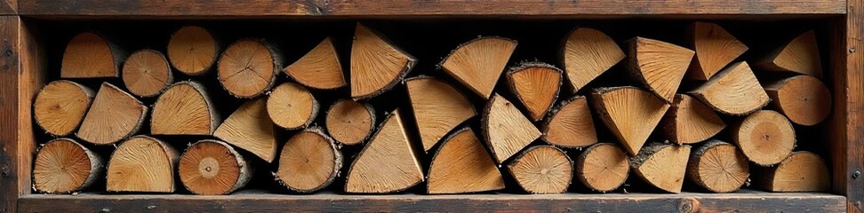 Neatly Stacked Firewood in Rustic Wooden Frame Autumnal Cozy Home Decor