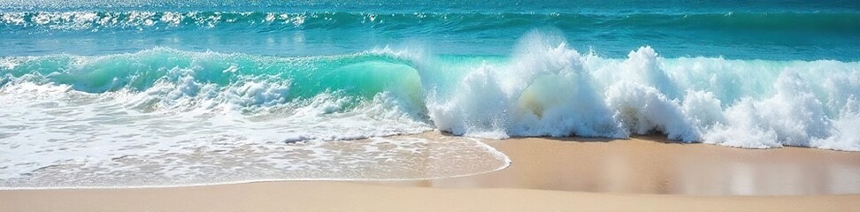Powerful Ocean Waves Crashing on Sandy Shore, Frothy White Crest, Dynamic Energy of the Sea, Nature Photography