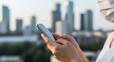 Woman using smartphone wearing face mask in city during pandemic for communication and social media usage
