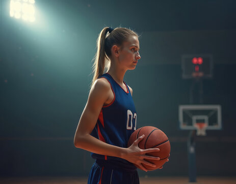 Young female basketball player holds ball on court, looks to the side. Girl in blue uniform, ready to play. Active lifestyle, sport, exercise, training concept. Competitive game, team spirit.