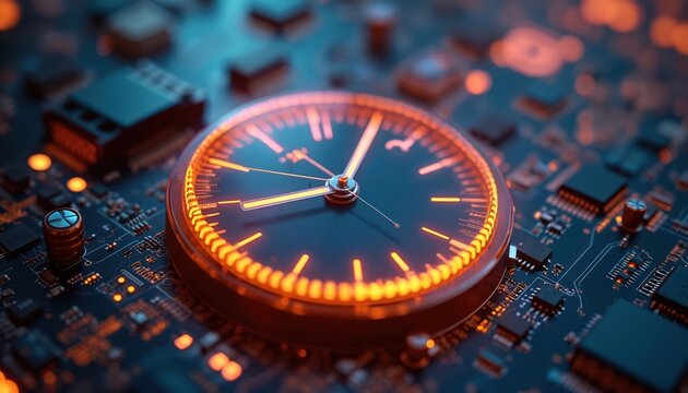 Illustration with clock on tech circuit board. Fast time concept, quick replies, resolutions. Customer service, speed, technology, connection. Tech, software, system, digital, business, support