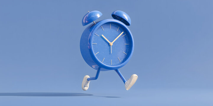 3D Illustration einer blauen Wecker Uhr mit Beinen und Turnschuhen im Comic-Stil. Die laufende Uhr symbolisiert Zeitdruck, Eile und Zeitmanagement. Lustiges Symbolbild f&uuml;r P&uuml;nktlichkeit, Deadlines.