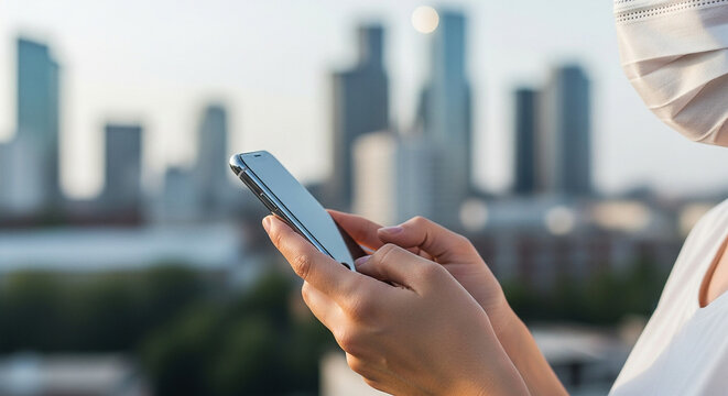 Woman using smartphone wearing face mask in city during pandemic for communication and social media usage