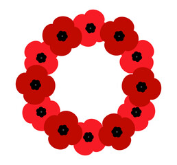 Red poppy flower wreath illustration on white background. Clipart image isolated on background.