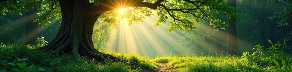 Dappled Sunlight in Ancient Forest Discover the serene beauty of untouched nature.  Perfect for environmental documentaries, travel brochures, and nature-themed projects.