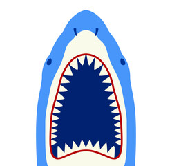 Front view of blue shark with open mouth showing sharp teeth on white background. Clipart image isolated on background.