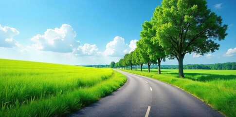 Serene Country Road Winding Through Lush Green Fields Towards a Vibrant Blue Sky Perfect for Travel, Nature, and Rural Lifestyle Imagery