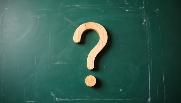 Wooden question mark sign on green chalkboard. Concept questions answers. Symbol of doubt, uncertainty, inquiry, learning. Faq, help, support. Education, researching information. Chalk board texture