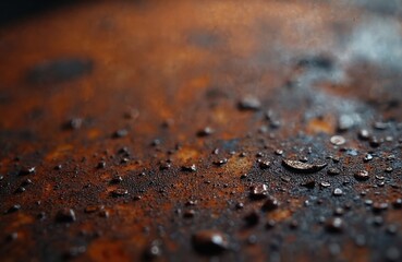 Detailed view rusted metal surface with water drops. Brown, orange, black colors. Aged metal with corrosion, vintage look. Grungy iron plate, industrial background. Perfect for grunge, abstract