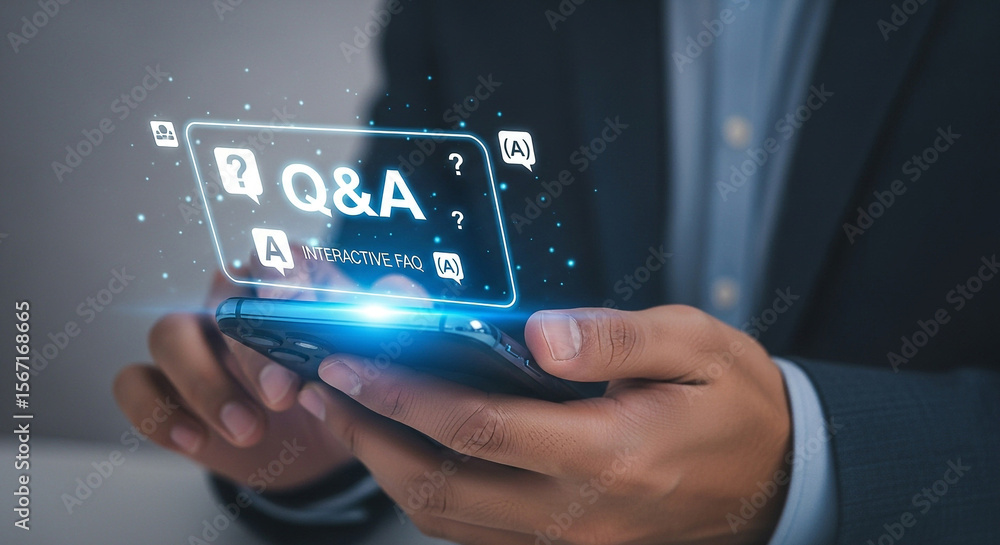 Poster interactive faq on mobile phone for customer support and online help with question and answer app