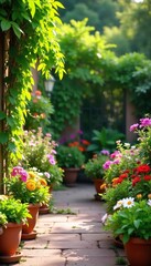 Tranquil Patio Oasis Vibrant Flowers, Herbs, and Terracotta Pots Overflowing with Summer Color, Perfect for Relaxation and Home Decor Inspiration