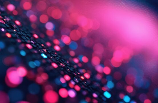 Close-up of LED screen, soft focus. Abstract design with blue, purple, red bokeh dots, ideal for tech design, UI UX projects, digital backgrounds, presentations. Modern tech, UI design.