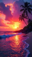 Breathtaking Hawaiian Sunset Fiery Orange, Pink, and Purple Hues Reflecting on a Calm Ocean, Perfect for Travel and Vacation Themes