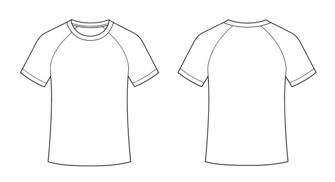 Vector technical fashion flat sketch T-shirt with raglan sleeves, front and back mockup views on transparent background
