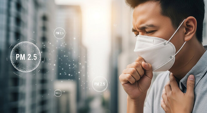 Man coughing wearing face mask pm 2.5 air pollution protection respiratory illness health safety concerns